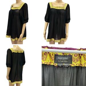 Nicole Miller Black Yellow Semi Sheer Stretch Half Sleeve Peasant Top Womens L